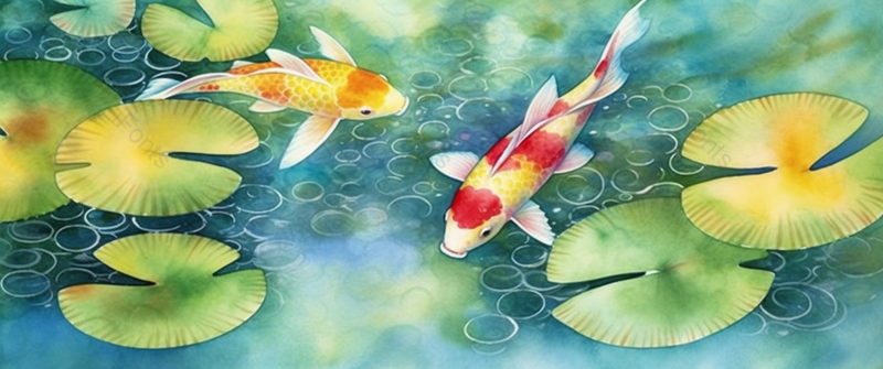 手绘水彩池塘里锦鲤金鱼卡通插画背景,插画/手绘图,插画/手绘图库,插画/手绘图下载,插画/手绘